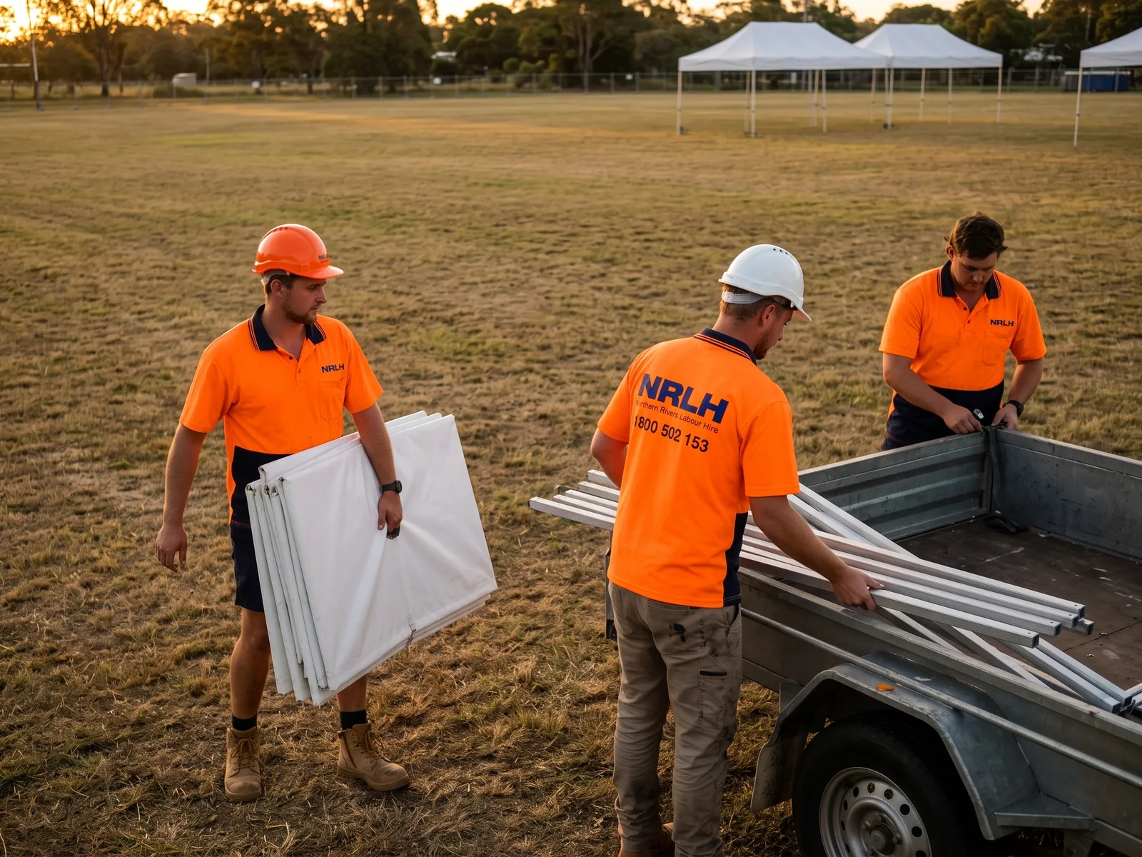 NRLH crew carrying marquee panels and stacking frame poles on a trailer after a festival