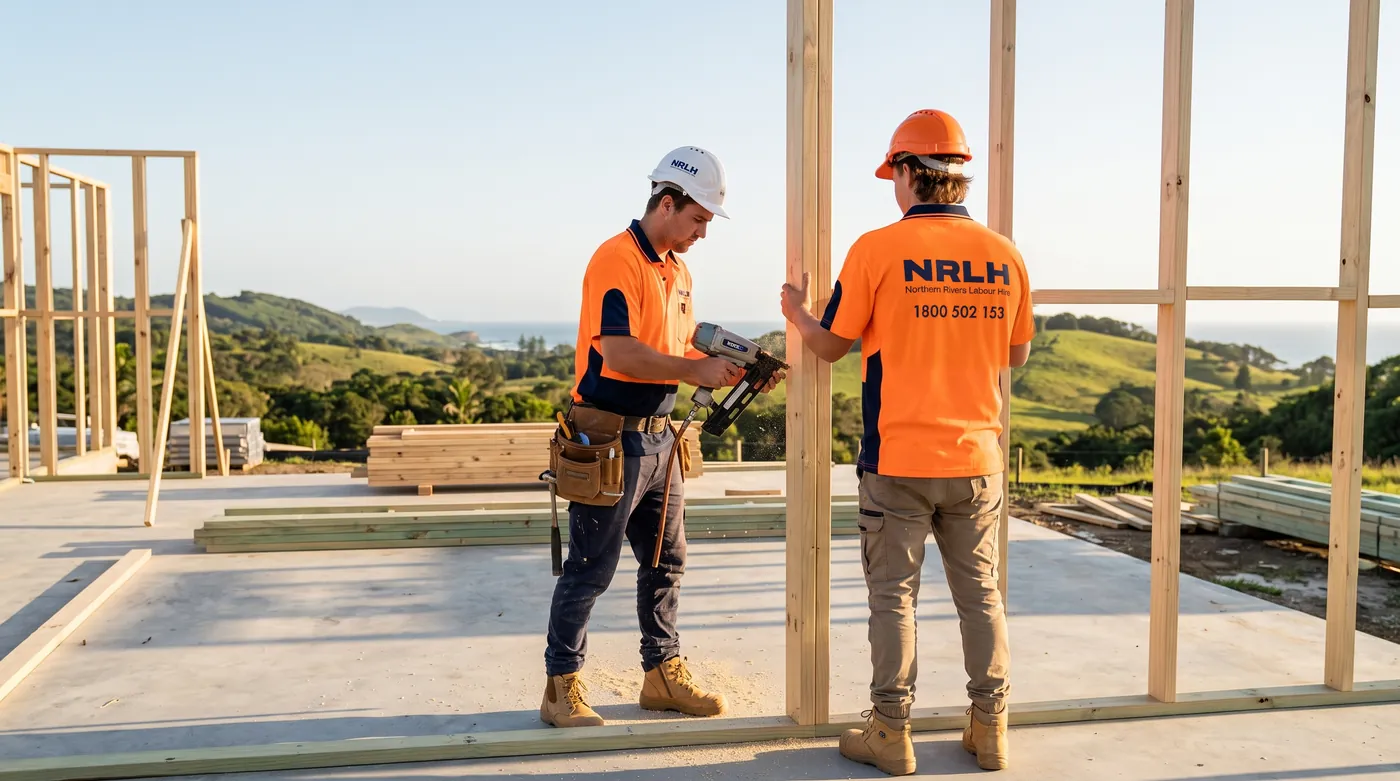 Two NRLH carpenters framing a timber wall