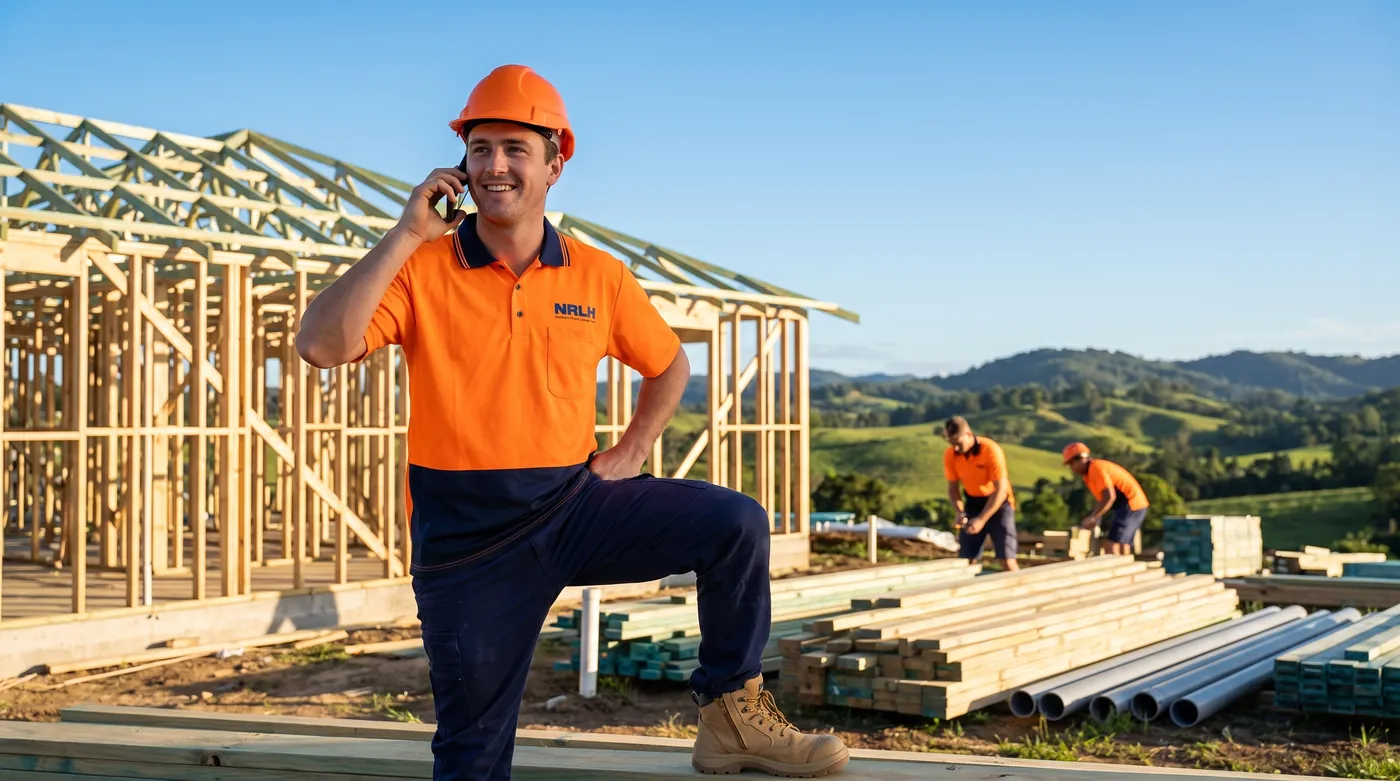 An NRLH labourer on his phone on a building site