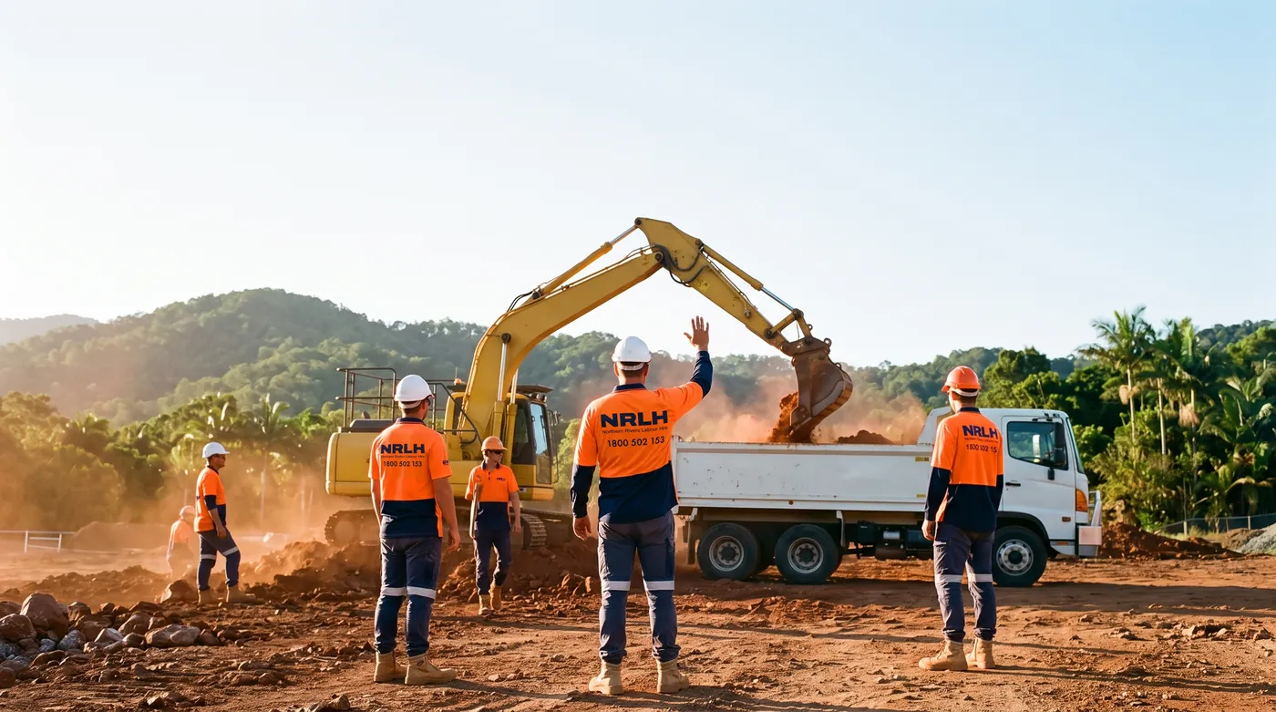 An excavator loading a tipper while an NRLH crew member signals