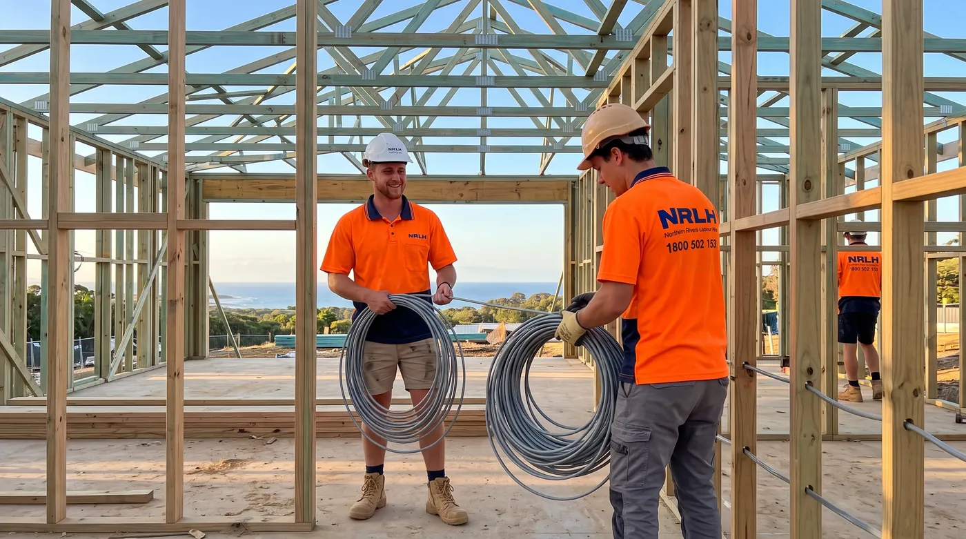 NRLH crew pulling electrical cable through a house frame