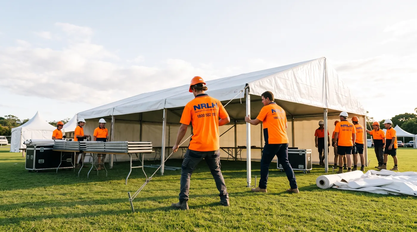 NRLH crew raising the frame of a white marquee at an outdoor festival