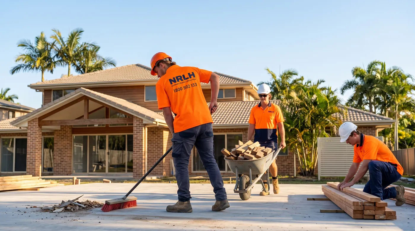NRLH labourers sweeping, barrowing and stacking timber on a site clean-up