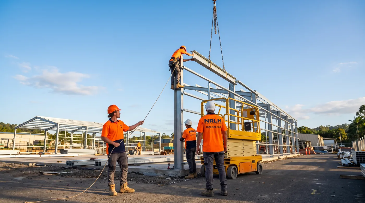 NRLH labourers guiding steel on an industrial shed build