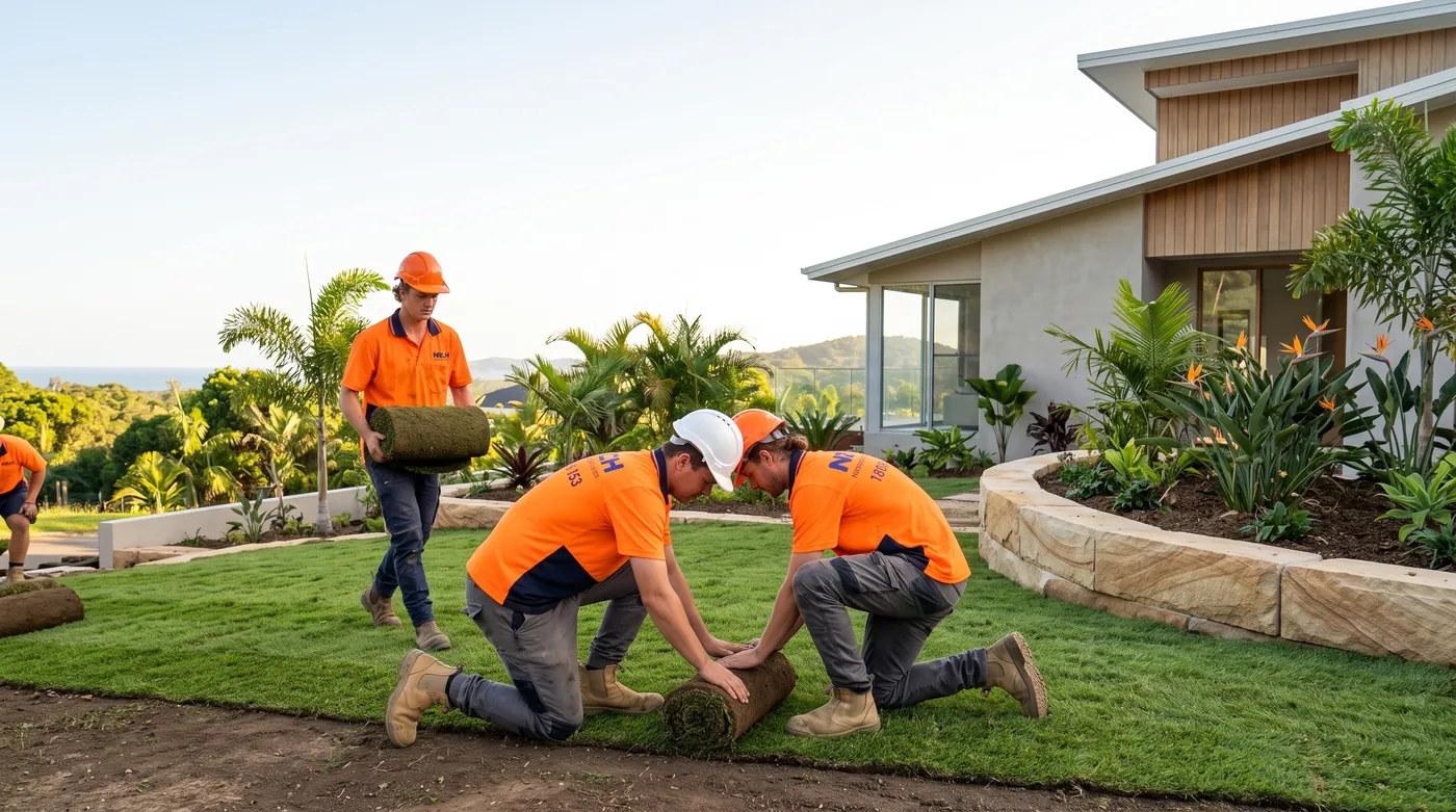 NRLH labourers laying turf at a modern coastal home