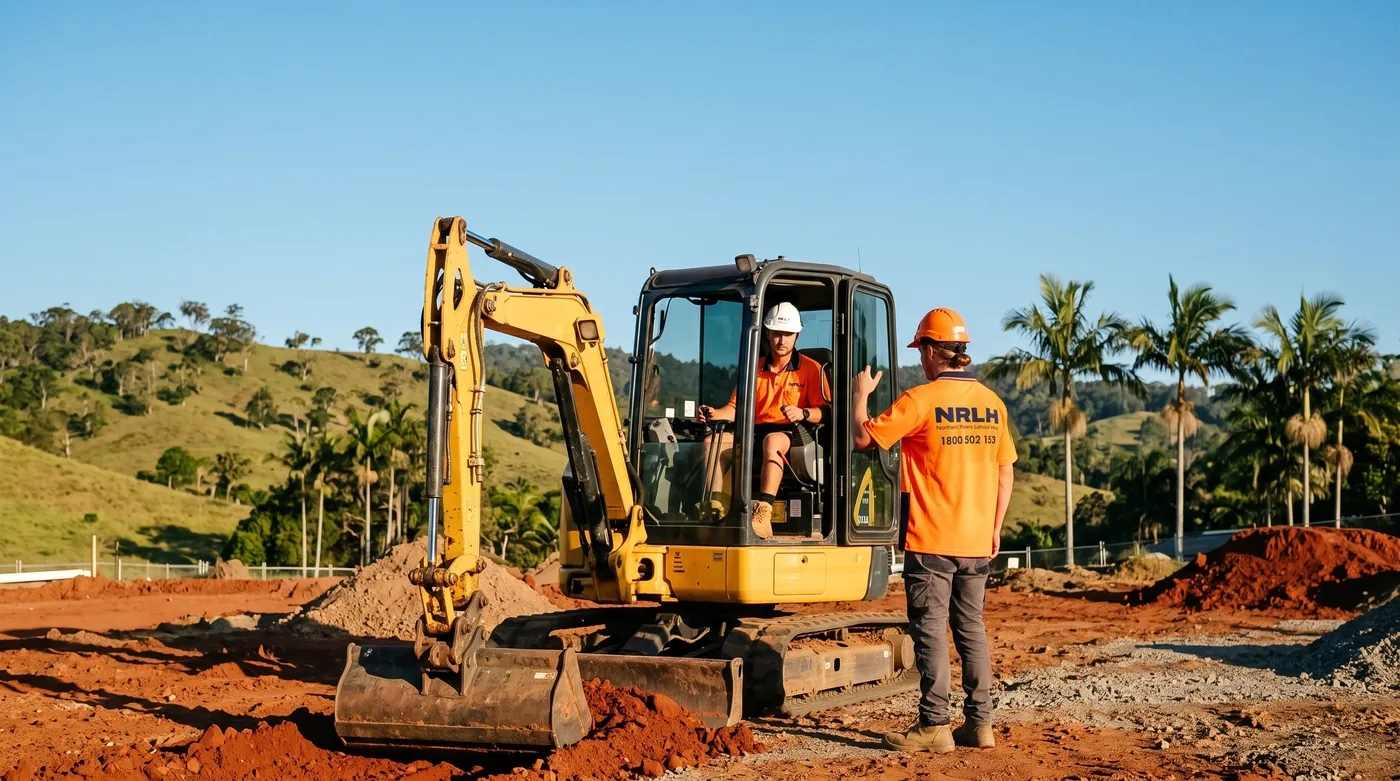 An NRLH operator in an excavator with a crew member guiding him