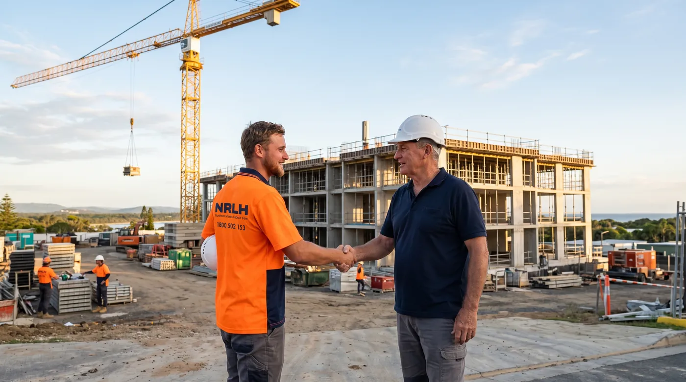 An NRLH labourer shaking hands with a builder on a commercial site with a tower crane