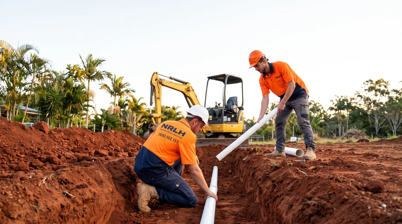 NRLH labourers laying PVC pipe in a trench