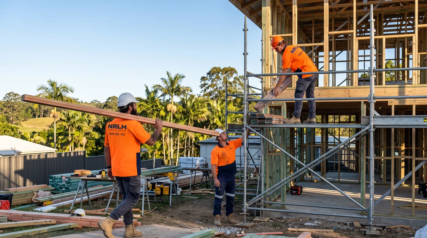 Three NRLH labourers carrying timber and working from scaffolding on a two storey house frame
