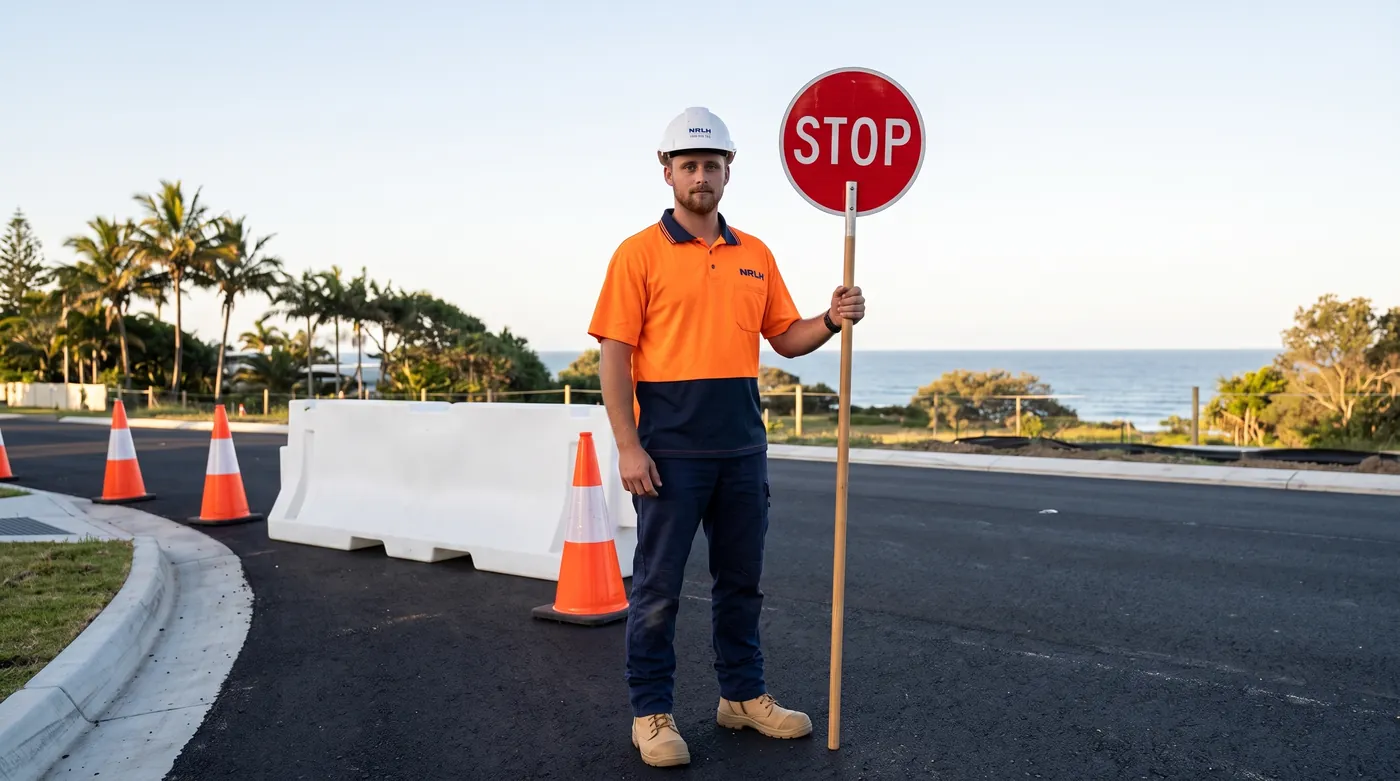 An NRLH traffic controller holding a STOP bat at coastal road works