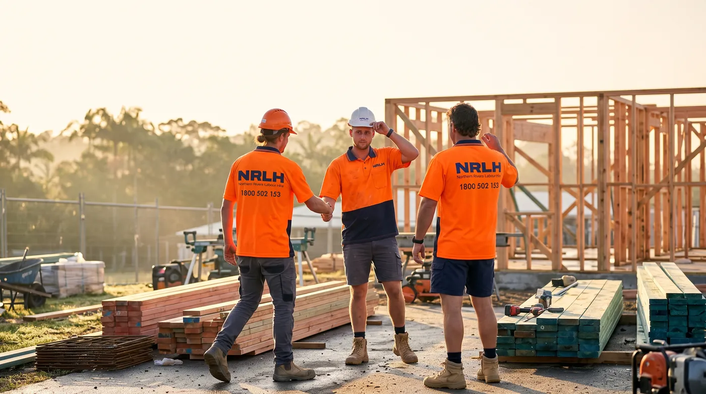 NRLH crew greeting a new worker on a building site at sunrise