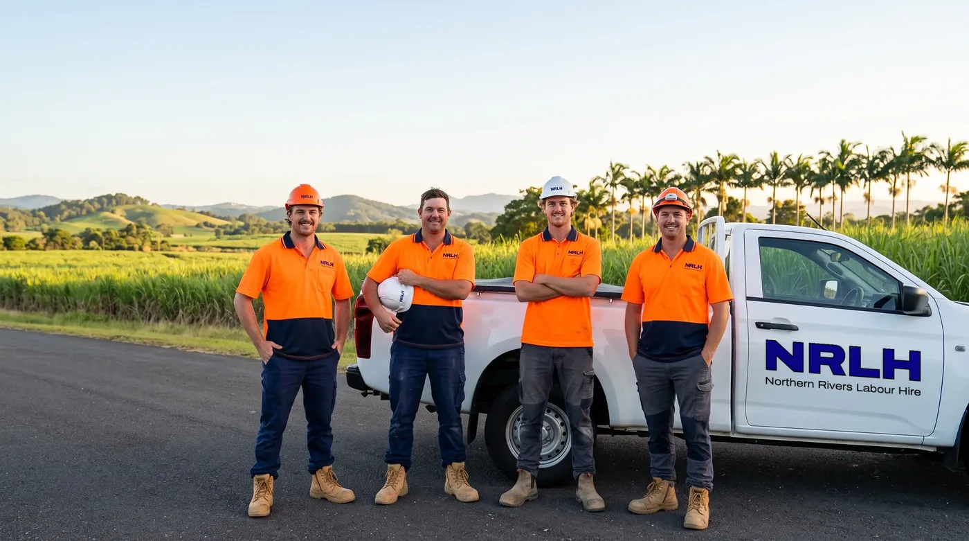 Four NRLH crew standing together beside a white ute on a Northern Rivers country road