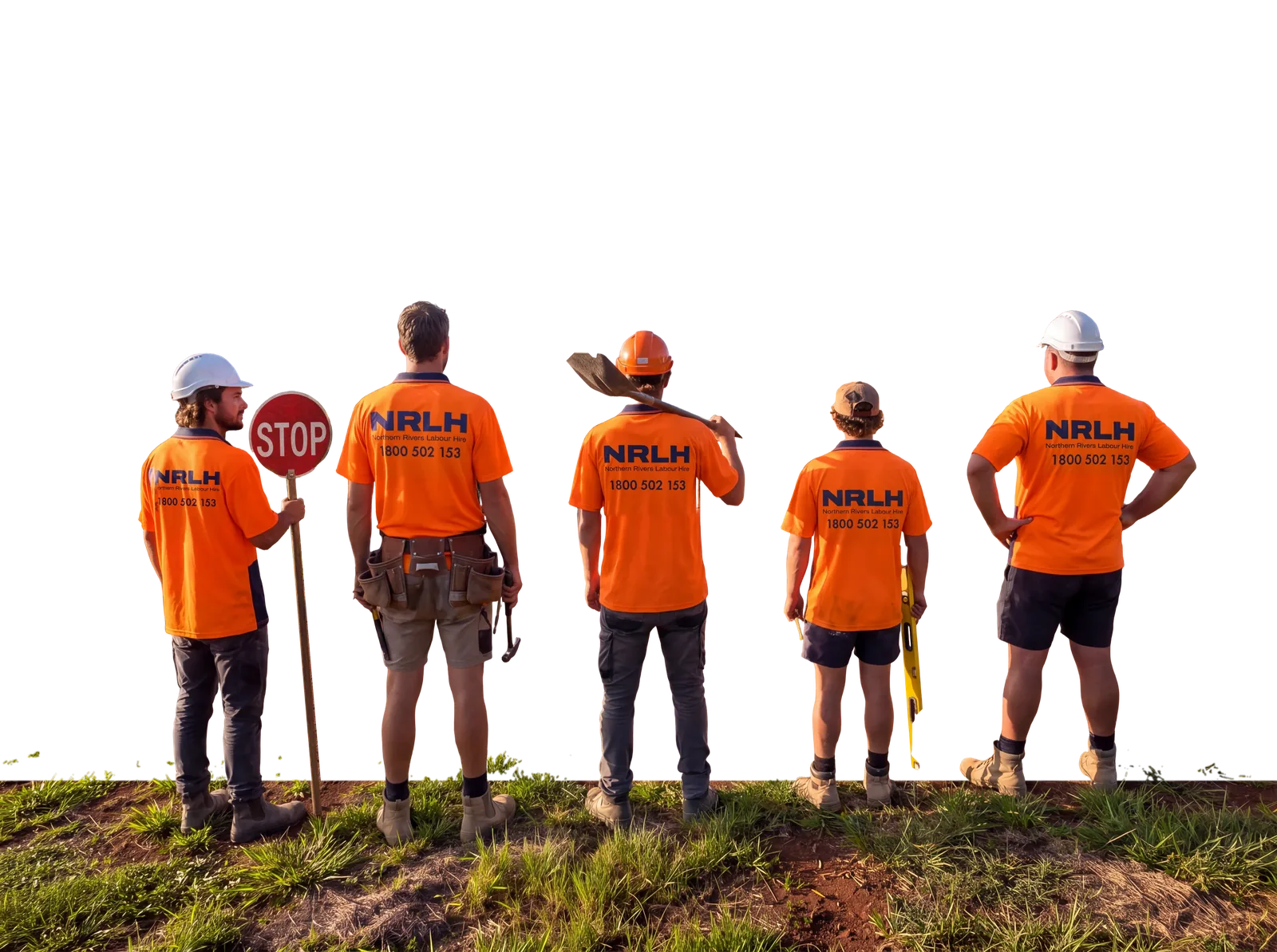 Five NRLH crew in orange shirts on a grassy rise, looking at a house frame going up above the Northern Rivers coast